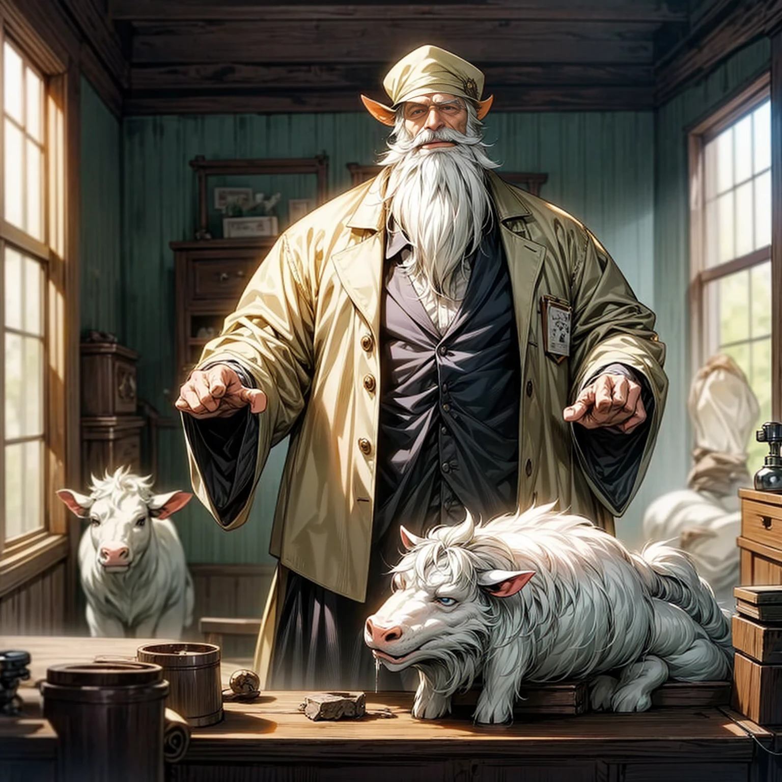 Grassroots, old Professor white beard with cow, background indoor room laboratory, (one piece style art), full body version cow