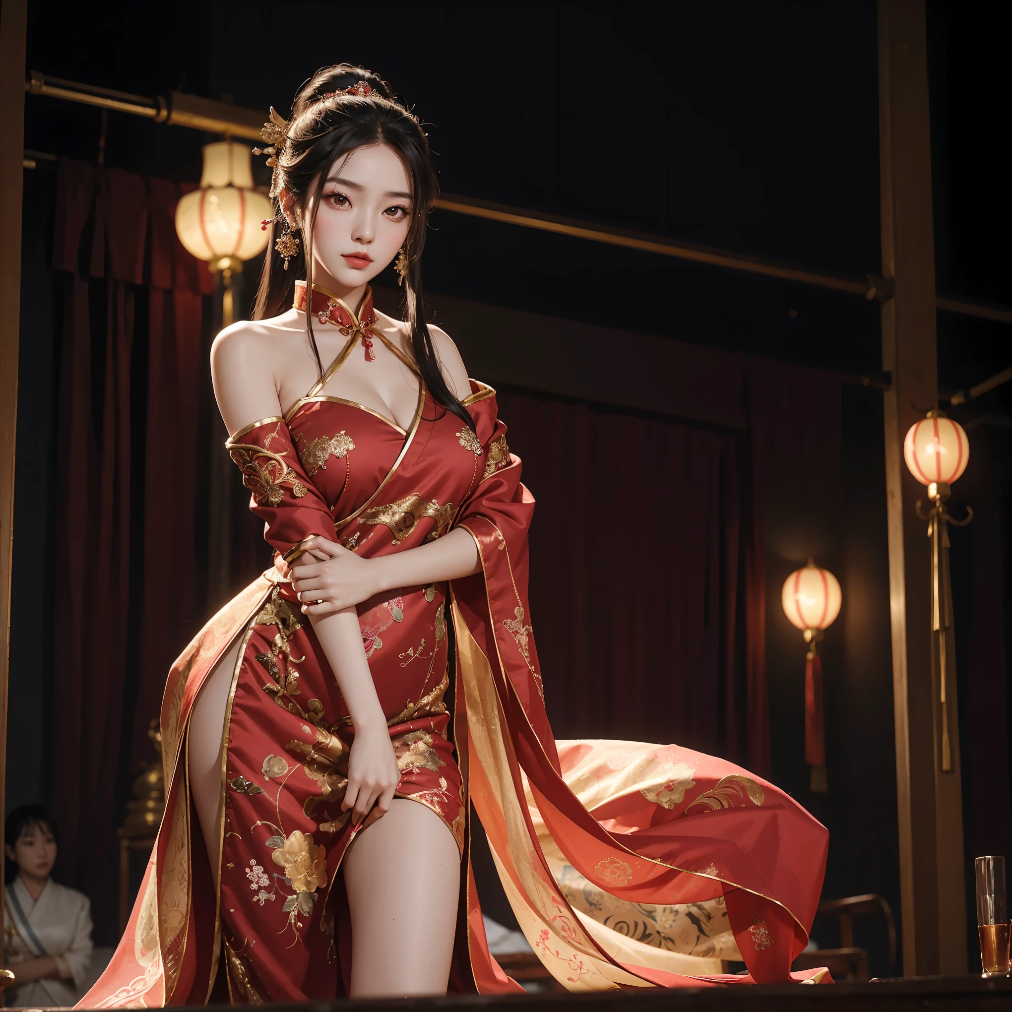 "A full-body modern-day representation of Diao Chan, one of the Four Beauties of ancient China, as if she were competing in a contemporary beauty pageant representing China. She has a beautiful, elegant face with sharp, expressive eyes, delicate eyebrows, and a refined, slim nose. Her skin is fair and luminous, and her lips are naturally rosy and perfectly shaped. She has long, flowing black hair styled in a sophisticated updo adorned with traditional Chinese hairpins and ornaments. She is wearing a stunning modern evening gown with elements inspired by traditional Chinese design, such as intricate embroidery and silk fabric, in red and gold colors. She stands confidently on a stage with bright lights and a cheering crowd in the background, adding a sense of modern-day beauty pageant glamour."