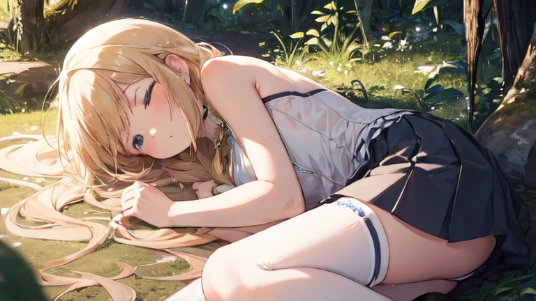 super high quality, Super detailed, Ultra-clear, forest, one person, long blonde hair, sleep, Swimsuit, Clothes with intricate and colorful details, mini skirt, Stockings