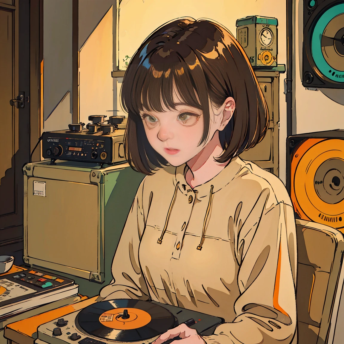 Mood and theme: lo-fi jazz hip hop, Comfortable and vintage feel Main image: MPC Sampler, vintage record color scheme: Warm and vintage colors(brown, beige, warm orange light)