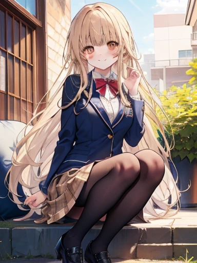 shiina mahiru, Good looking girl (Long blonde hair with square bangs, Big yellow eyes, blush, Perfect Face), wear  (Blue blazer and white shirt, Red bow tie, Brown mini skirt, Black Pantyhose, Brown shoes ), independent , looking at the camera, masterpiece, Anime art style, Cute Characters, Most detailed, high quality、At school、Nico Nico Smile、Peace Activities,Big Breasts