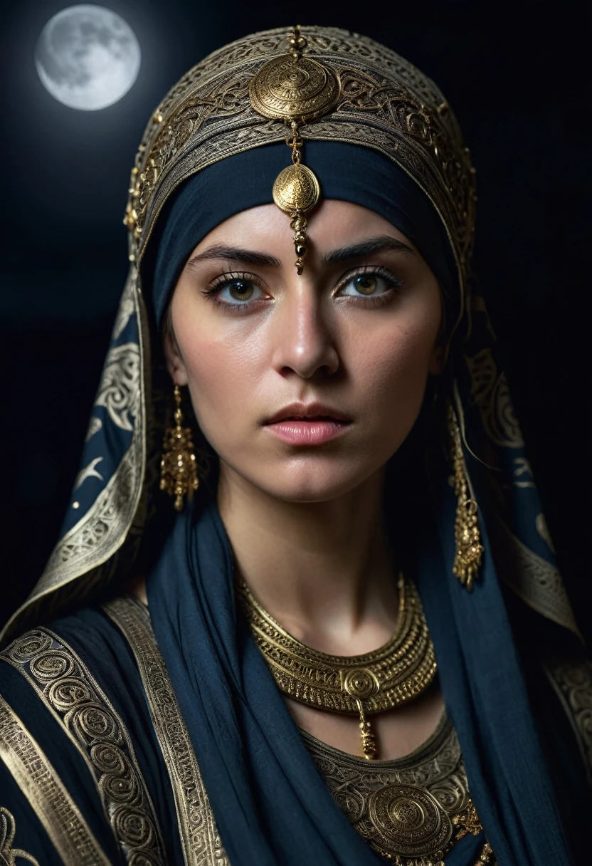 Professional photo, girl in intricate beautiful and rich clothes, stern look of a warrior, headscarf wrapped around head and neck, head tilted forward, intense and intense look, half plan, darkness, moonlight, Ancient Byzantium in the background. High detail, UHD, high resolution, background is clearly visible without blur.