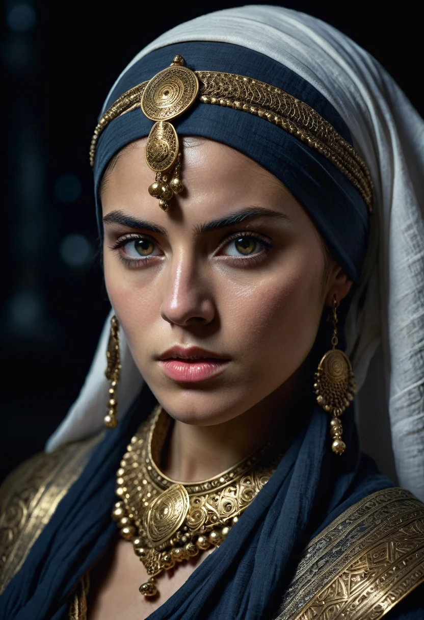 Professional photo, girl in intricate beautiful and rich clothes, stern look of a warrior, headscarf wrapped around head and neck, head tilted forward, intense and intense look, half plan, darkness, moonlight, Ancient Byzantium in the background. High detail, UHD, high resolution, background is clearly visible without blur.