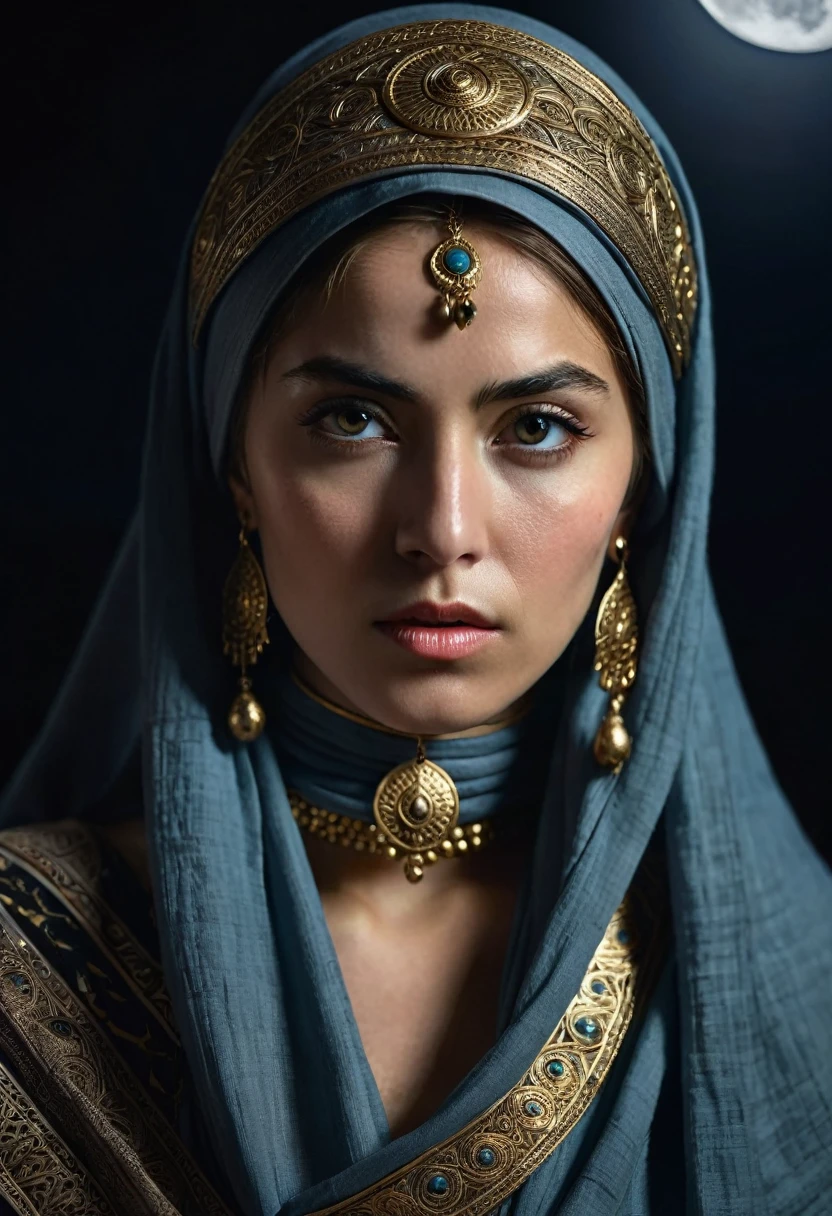 Professional photo, girl in intricate beautiful and rich clothes, stern look of a warrior, headscarf wrapped around head and neck, head tilted forward, intense and intense look, half plan, darkness, moonlight, Ancient Byzantium in the background. High detail, UHD, high resolution, background is clearly visible without blur.