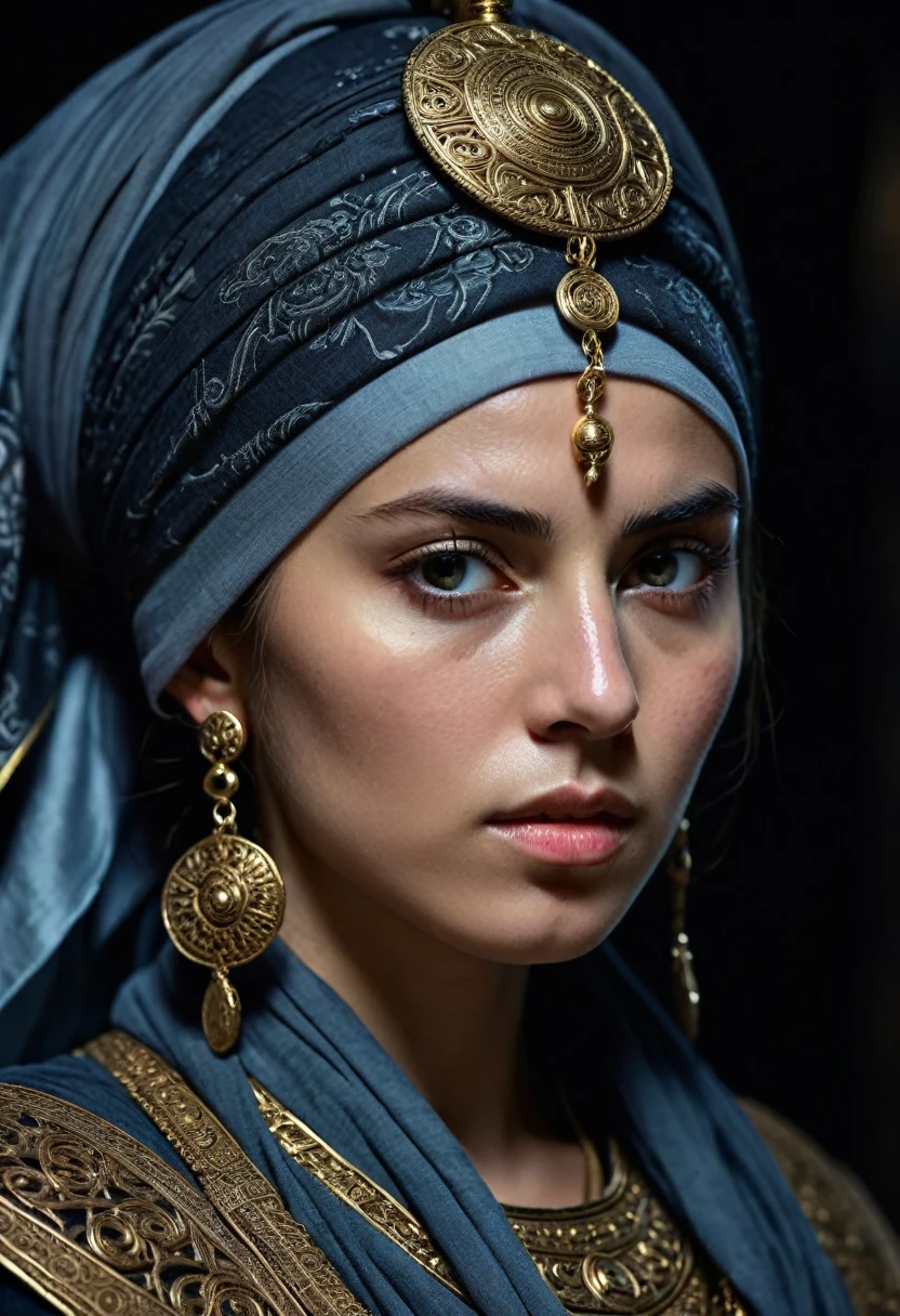 Professional photo, girl in intricate beautiful and rich clothes, stern look of a warrior, headscarf wrapped around head and neck, head tilted forward, intense and intense look, half plan, darkness, moonlight, Ancient Byzantium in the background. High detail, UHD, high resolution, background is clearly visible without blur.