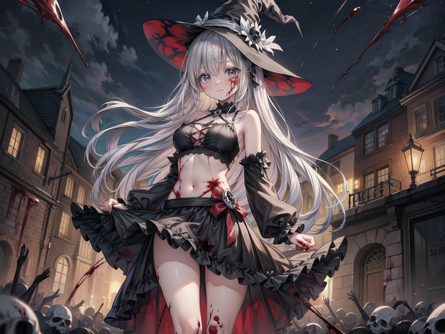  ((Fantasy Witch Costume)), ((Flowing white hair)), ,(Blood splatter:1.6),Female curves, Large Breasts, Thick thighs, Sexy flat stomach, Perfect hands, Perfect anime face, ((dark lolita dress)), Are standing, ((Wicked Smile)), ,(Blood splatter:1.6),Victorian cities, gaslight, Steam circulates, Moonlight Illumination, night lighting, A sky filled with stars and galaxies,disaster々new devil horns,,(Blood splatter:1.6),anime zombie witch design, Twisted smile、Bloody、bleeding from the head,,、Blood splatter、,(Blood splatter:1.6),Crossbones, skull, 