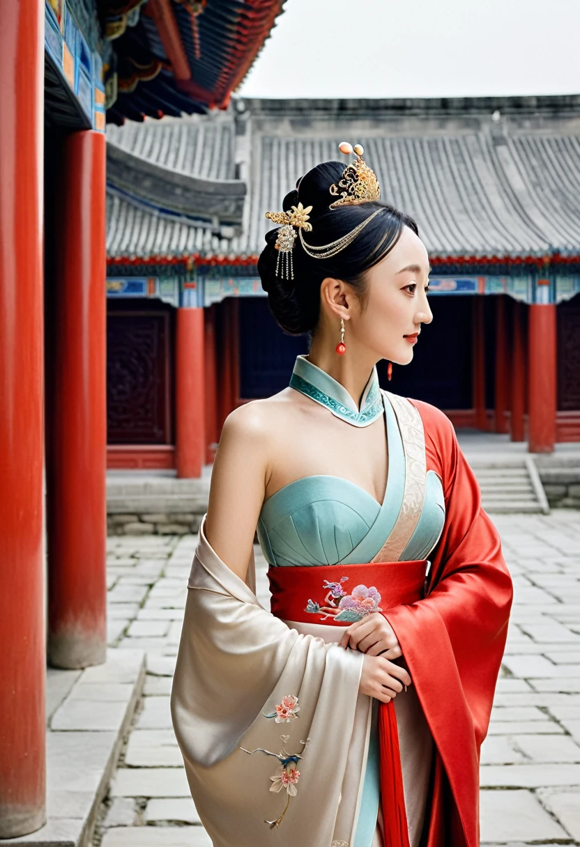 A full-body figure resembling Chinese actress Zhou Xun, with the background of stone paving outside a Chinese palace during the Qing dynasty. An empress from the Chinese palace during the Qing dynasty is standing in a red Hanfu, bare except for her large buttocks, her loincloth has been pulled down to show her buttocks. Looking at her large breasts, looking at her profile, standing and sitting, her hair is wearing the crown of a Chinese empress, a gorgeous crown of a Chinese empress, a hair ornament, her hair tied up in the back and pulled up,