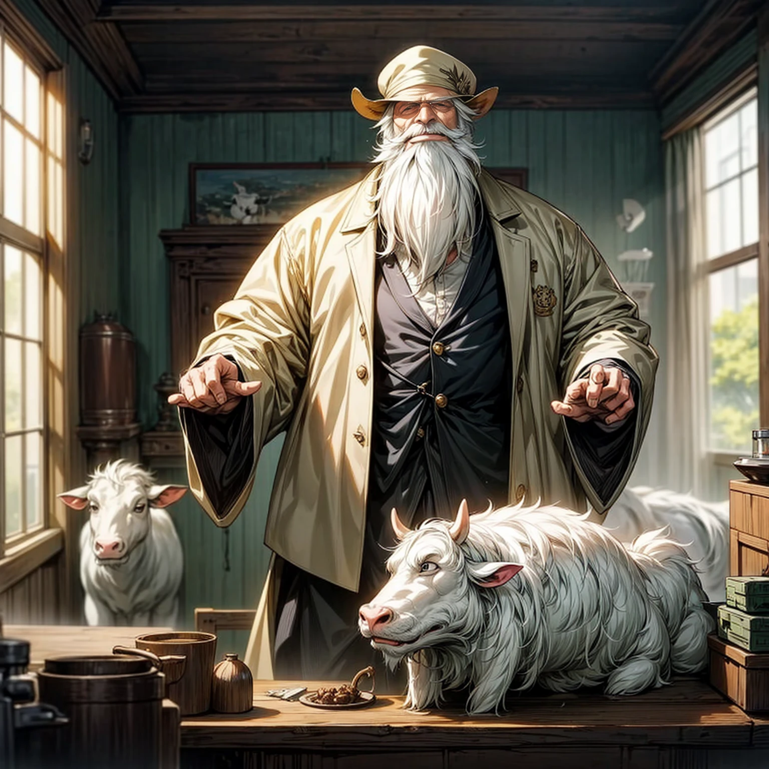 Grassroots, old Professor white beard with cow, background indoor room laboratory, (one piece style art), full body version cow
