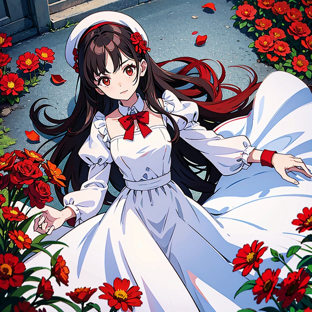 Red flowers, woman in white dress, solo, grave