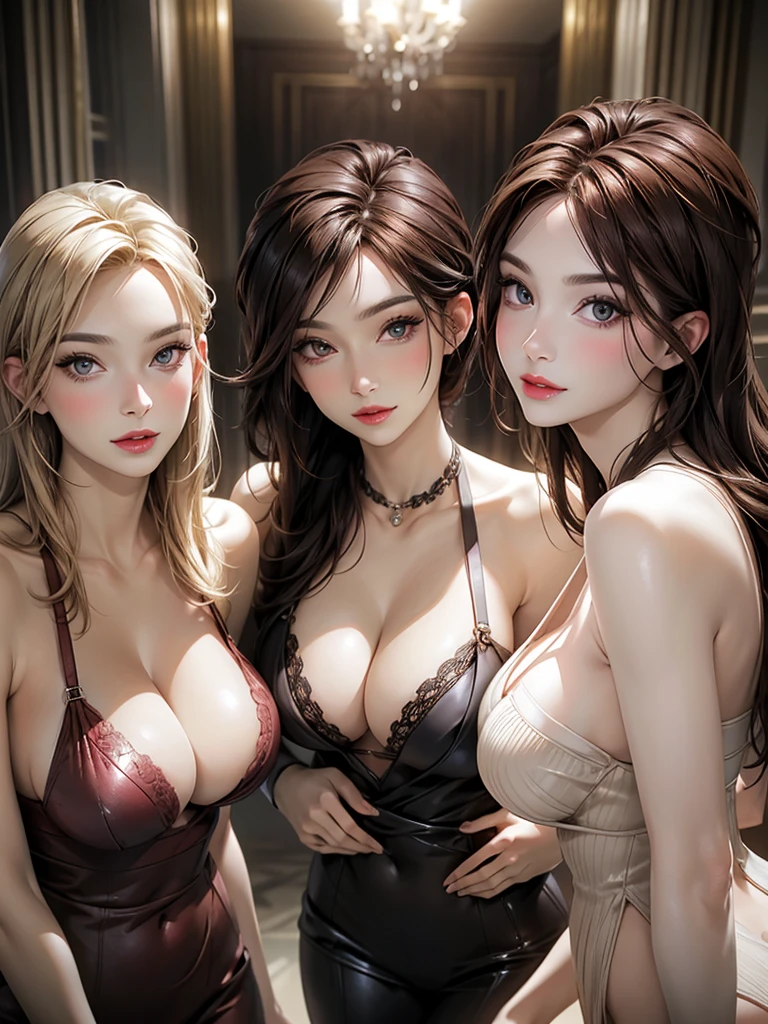 three sexy women looking at camera, flirtatious smiles, cabaret outfits, portrait. blond, brunette, redhead, cleavage, dynamic pose, sexy, laced lingerie
