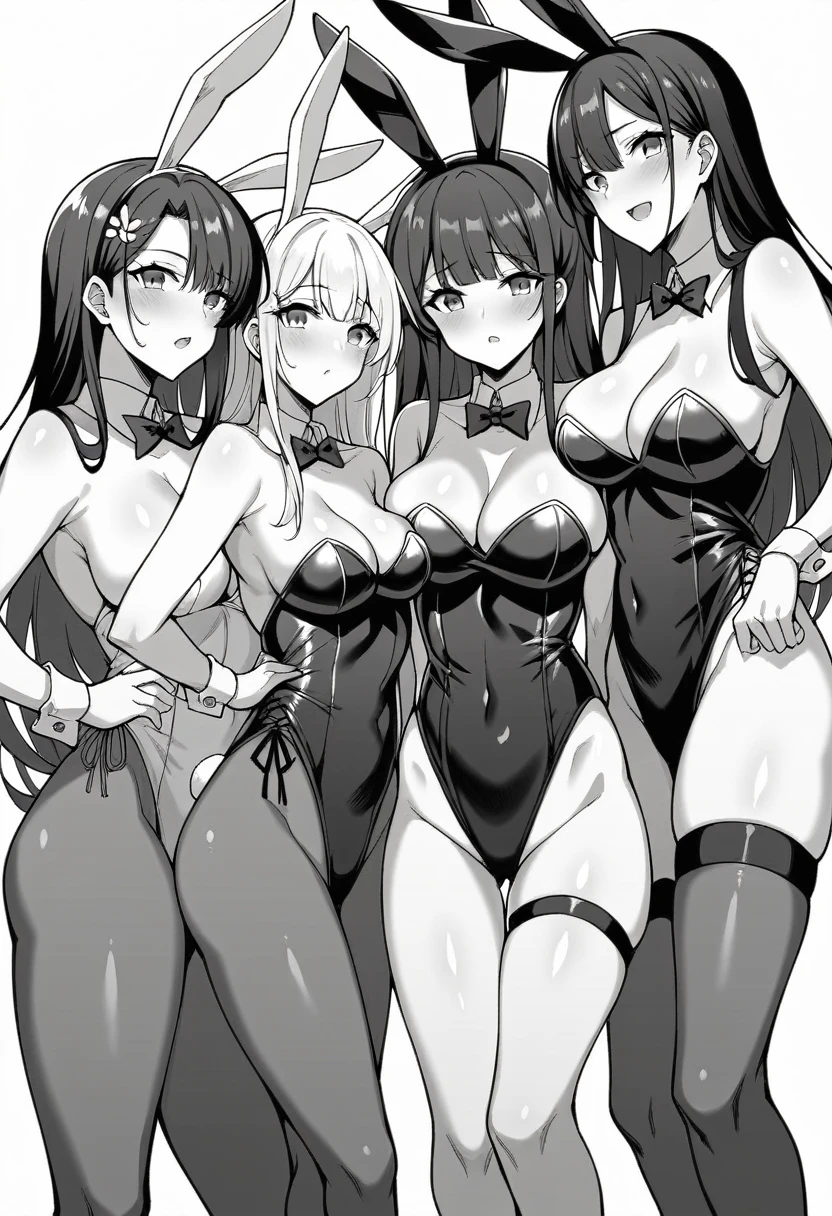 Black and white girl posing for photo, Anime Girls, Ecchi anime style, characters from azur lane, monochrome artwork!!, Ecchi style, pixiv 3dcg, Ecchi, at pixiv, Top Rated on pixiv, from the azur lane videogame, azur lane style, popular on pixiv, black and white manga style、in line、Four Girls、in group photograph、bunnygirl、Leotard、Rabbit ears