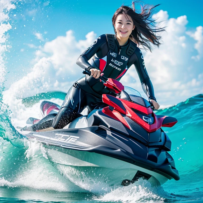 Photo-realistic quality、araffe woman in wetsuit riding a jet ski in the ocean, Surfer Model, Riding the wind and waves, riding、looking at the camera