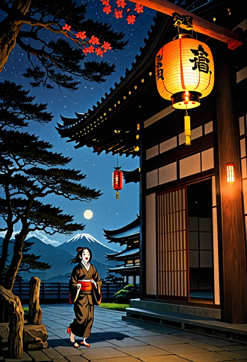 Japanese Temple,Dark Night,The lantern is on fire,Japanese Yokai,Rokurokubi,Looking at this and half laughing