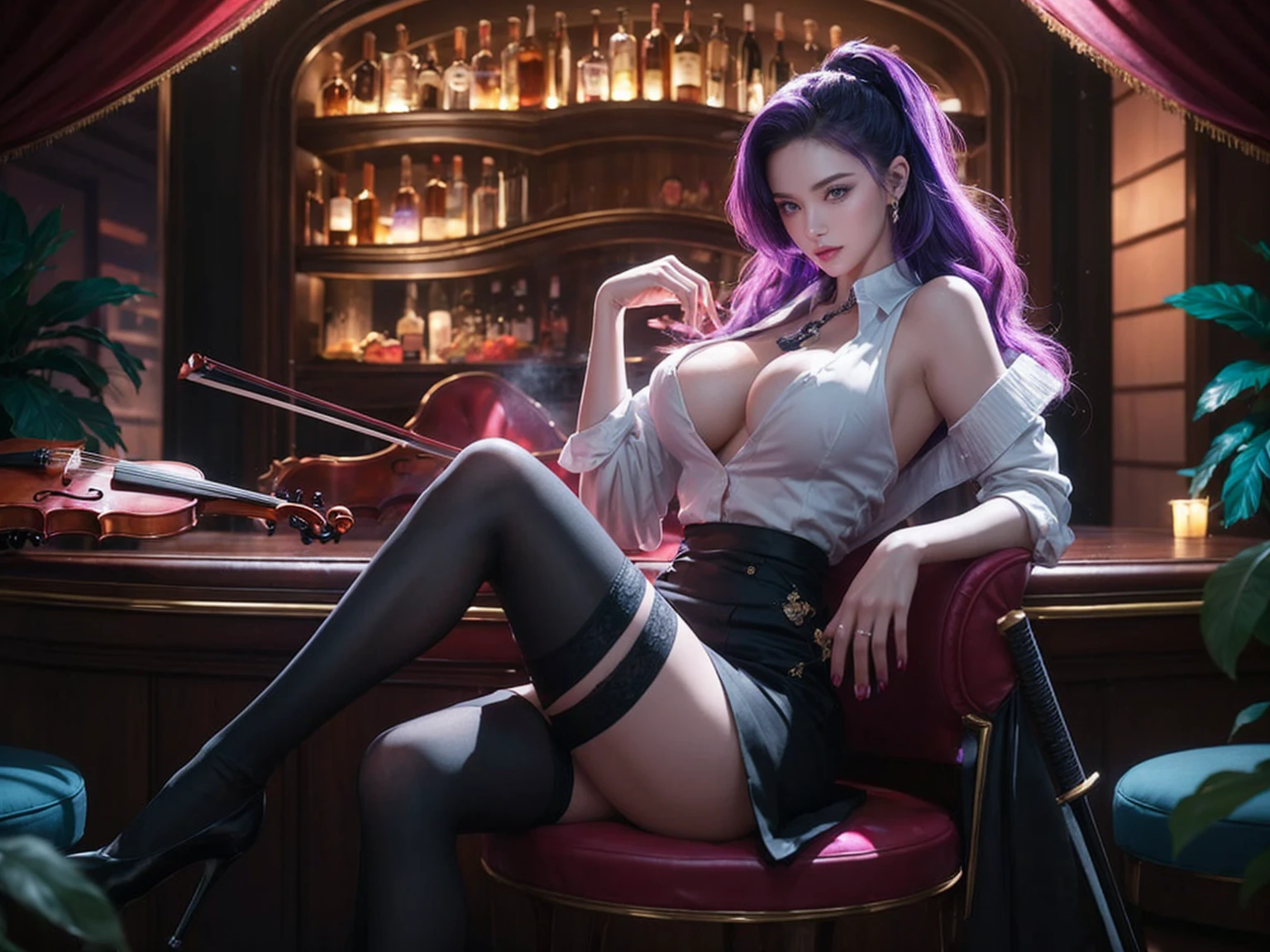 create a realistic, In this captivating image, a confident and alluring woman with striking purple hair and violet eyes sits in a luxurious, dimly-lit bar. She is attired in a white blouse, black skirt, and black thigh-high stockings. Her elegance is accentuated by the exquisite setting, which features a well-stocked bar with an array of bottles and vibrant plants. The atmosphere is further enhanced by the presence of a violin and a katana, evoking a sophisticated yet mysterious ambiance. The soft, ambient light highlights the rich colors and intricate details of both the woman and her surroundings, creating a truly captivating scene.