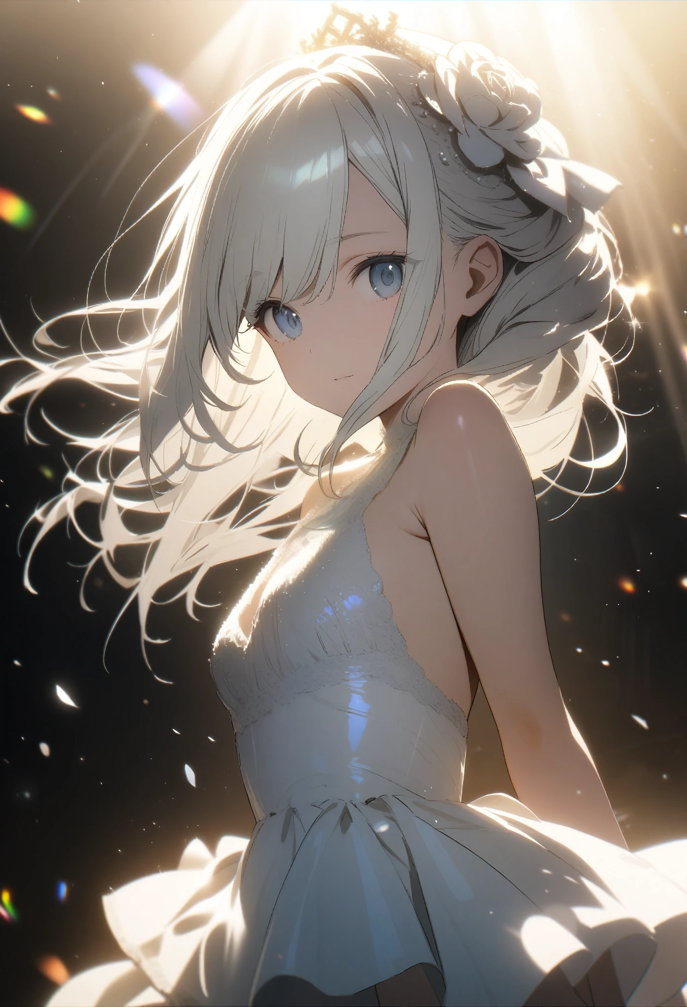 One 14-year-old girl, ((luxury white party dress))、(Inner color hairstyle), Beautiful Hair, Facial Contour, Remember, Party Venue, brilliant lighting、splash, Lens flare,, Natural Color, High resolution, Very delicate, Very detailed, 8k,（There is swelling of the breasts、About B cup）、Shyness,((Sexual))、Full view of the head