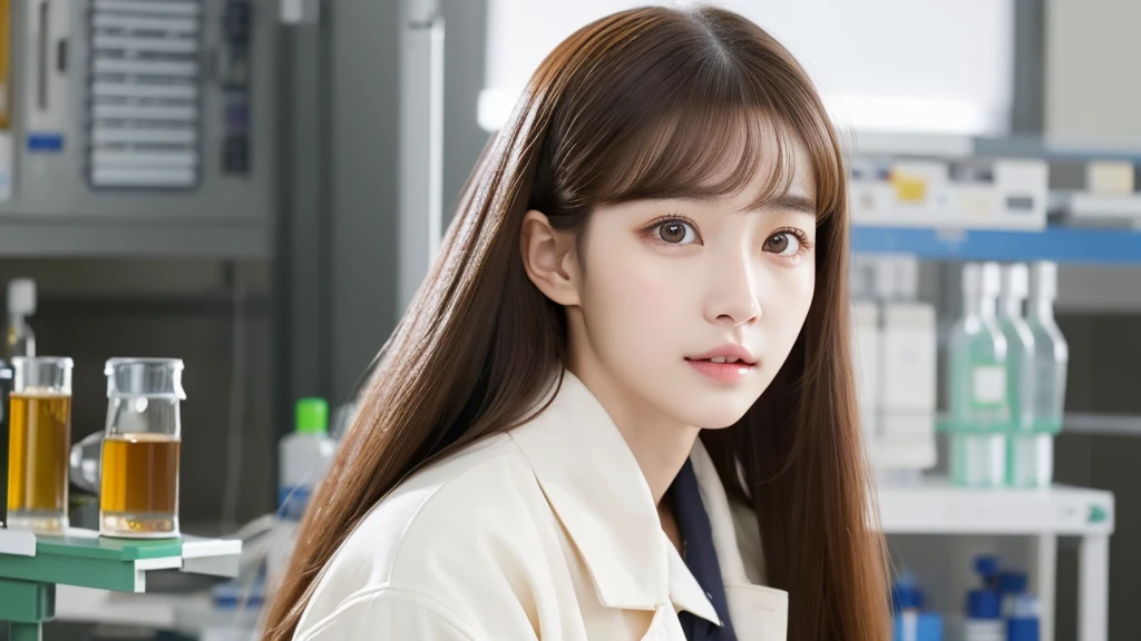 a young adult girl with Korean features,Their eyes are almond-shaped and expressive, with honey-colored irises. She has flawless skin and a captivating, long, straight dark brown hair,she is a scientist, She's in a laboratory, a white coat , Realist