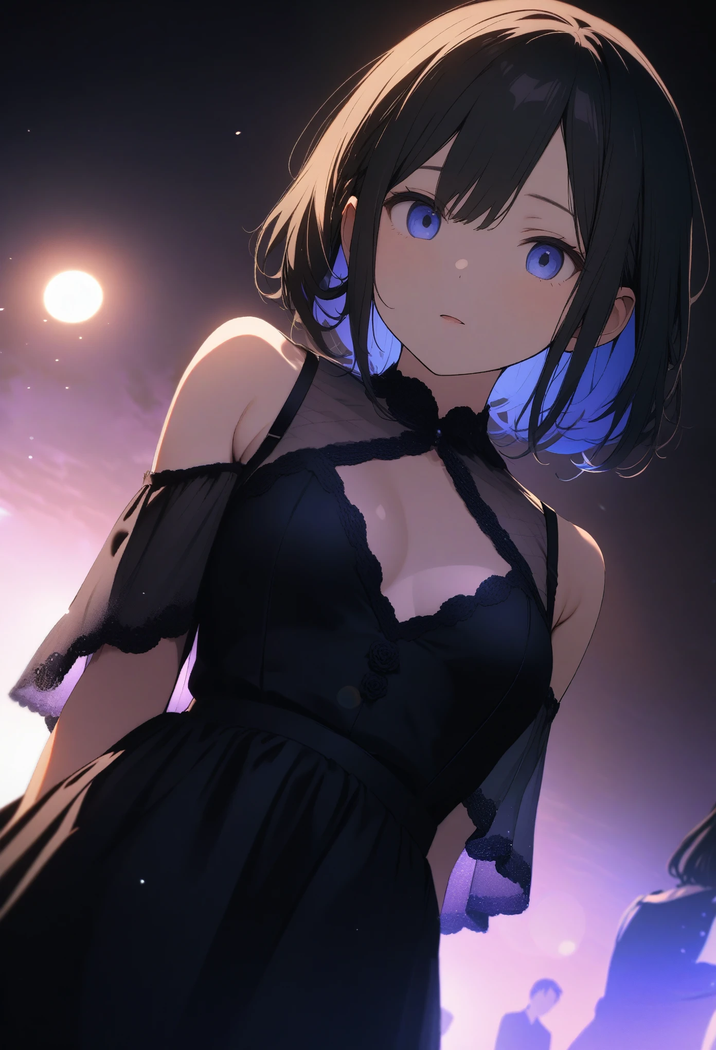 One , ((luxury black party dress))、(Inner color hairstyle), Beautiful Hair, Facial Contour, Remember, Party Venue, moonlight、splash, Lens flare,, Natural Color, High resolution, Very delicate, Very detailed, 8k,(There is swelling of the breasts、About B cup)、Shyness,((Sexual))、Overall angle of view