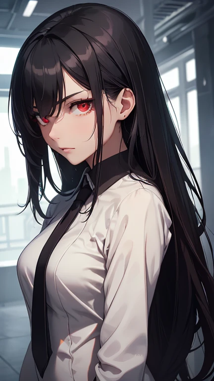 Highest quality, Soft Light, Ultra-high resolution,young woman, alone, sexy, (Grim face), (Red eyes), Beautiful face in every detail,(High resolution detail of human skin texture), (Black irregular long hair), Dress shirt,Suit pants,Mercenary-like woman,He has a gun in his hand
