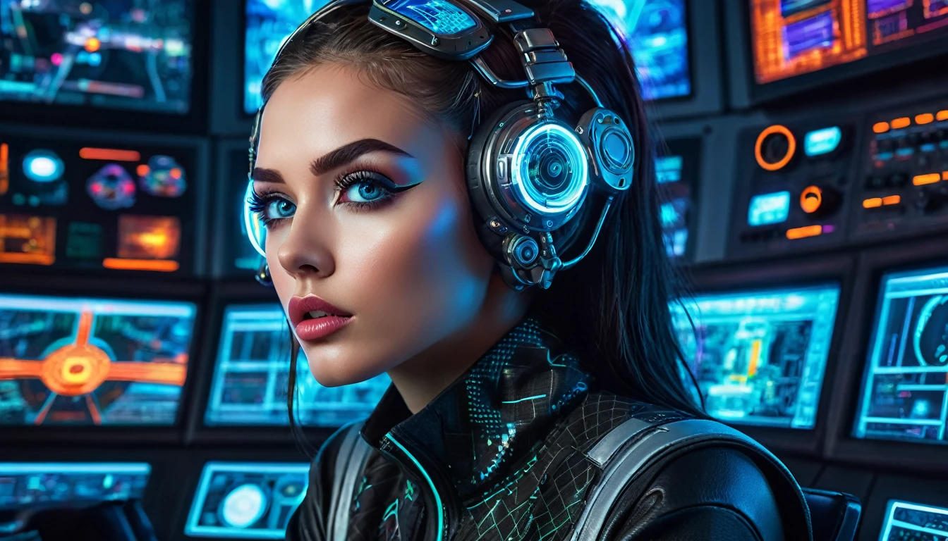 a highly detailed digital painting of a young woman in a futuristic control room, beautiful detailed eyes, beautiful detailed lips, extremely detailed eyes and face, long eyelashes, elegant cyberpunk clothing, sitting in front of a large holographic display, complex machinery and advanced technology surrounding her, glowing neon lights, moody atmospheric lighting, intricate details, cinematic composition, vibrant colors, photorealistic, 8k, best quality, masterpiece