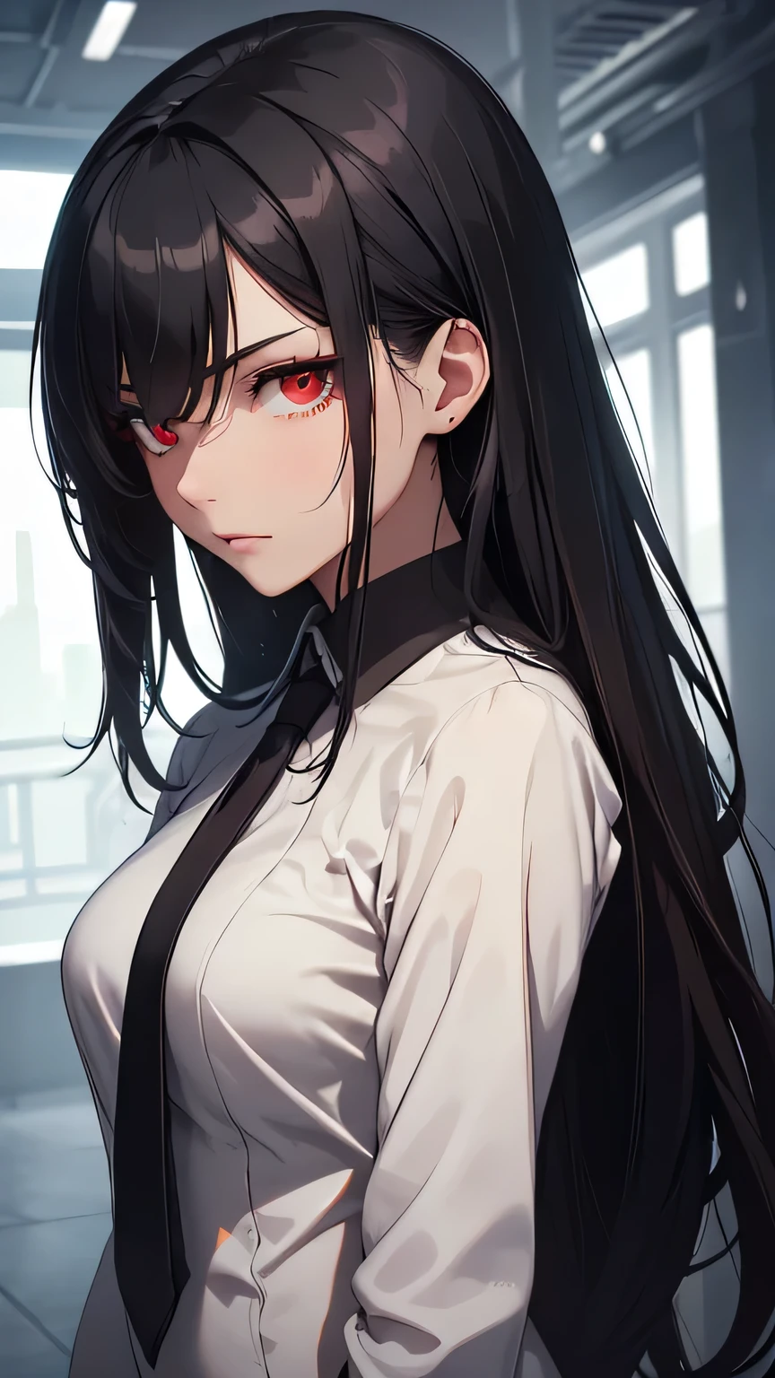 Highest quality, Soft Light, Ultra-high resolution,young woman, alone, sexy, (Grim face), (Red eyes), Beautiful face in every detail,(High resolution detail of human skin texture), (Black irregular long hair), Dress shirt,Suit pants,Mercenary-like woman,He has a gun in his hand
