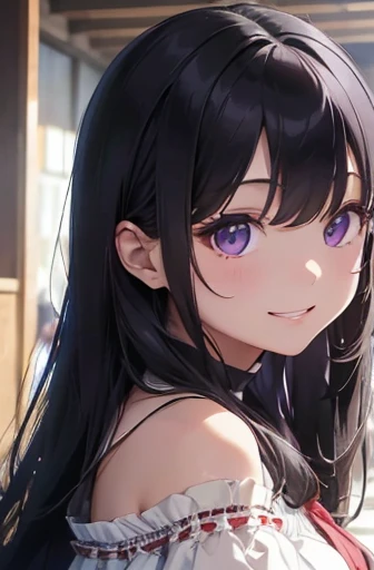 masterpiece、Highest quality、(Long black hair、Has bangs:1.1)、25 year old woman with purple eyes、Wearing a white off-the-shoulder blouse、(Emphasize the chest:1.1)、(Smiling face:1.3)、(stare:1.5)、(A close-up of the subject's face:1.3)、standing、Five perfect, beautiful fingers、place the camera over the subject、((The background is a cake shop))、Bold composition、The upper body is shown、alone,Big Breasts