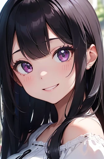 masterpiece、Highest quality、(Long black hair、Has bangs:1.1)、25 year old woman with purple eyes、Wearing a white off-the-shoulder blouse、(Emphasize the chest:1.1)、(Smiling face:1.3)、(stare:1.5)、(A close-up of the subject&#39;s face:1.3)、standing、Five perfect, beautiful fingers、place the camera over the subject、((The background is a cake shop))、Bold composition、The upper body is shown、alone,Big Breasts