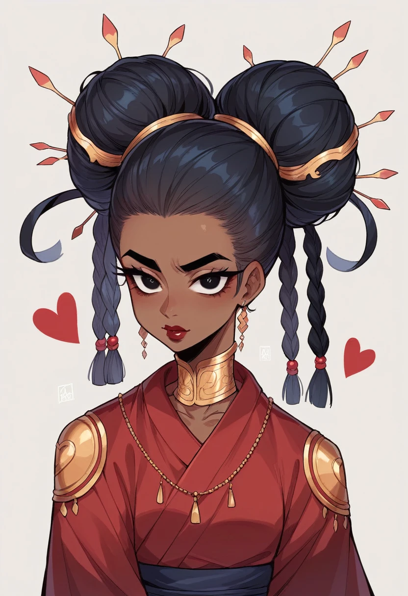 Dark complexion woman, shiny silk dark red robe with golden vinelike embroidery along the hems of collar long kimono sleeves. Black silky lon hair with big hair and two braids moving from the front and tied into a bun. Half up do hairstyle. Silver irises, black pupils, red matte lipstick on full heart lips. Heart shaped face, round nose, full arched eyebrows. Long black eyelashes on bog eyes