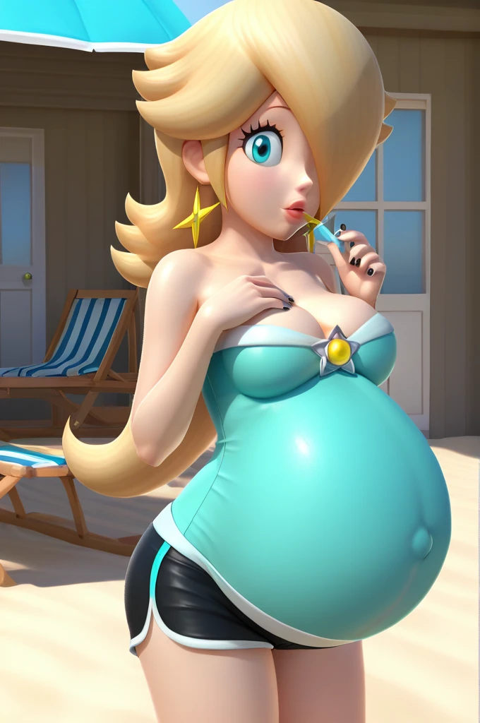 score_9, score_8_up, 1girl, solo, rosalina, style parody, thick outlines, black bikini, shorts, pregnant belly, sleeveless, strapless, cleavage, indoors, beach, black nails, complete body, perfect