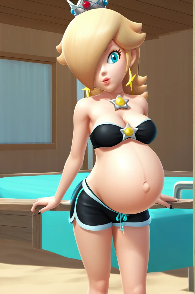 score_9, score_8_up, 1girl, solo, rosalina, style parody, thick outlines, black bikini, shorts, pregnant belly, sleeveless, strapless, cleavage, indoors, beach, black nails, complete body, perfect