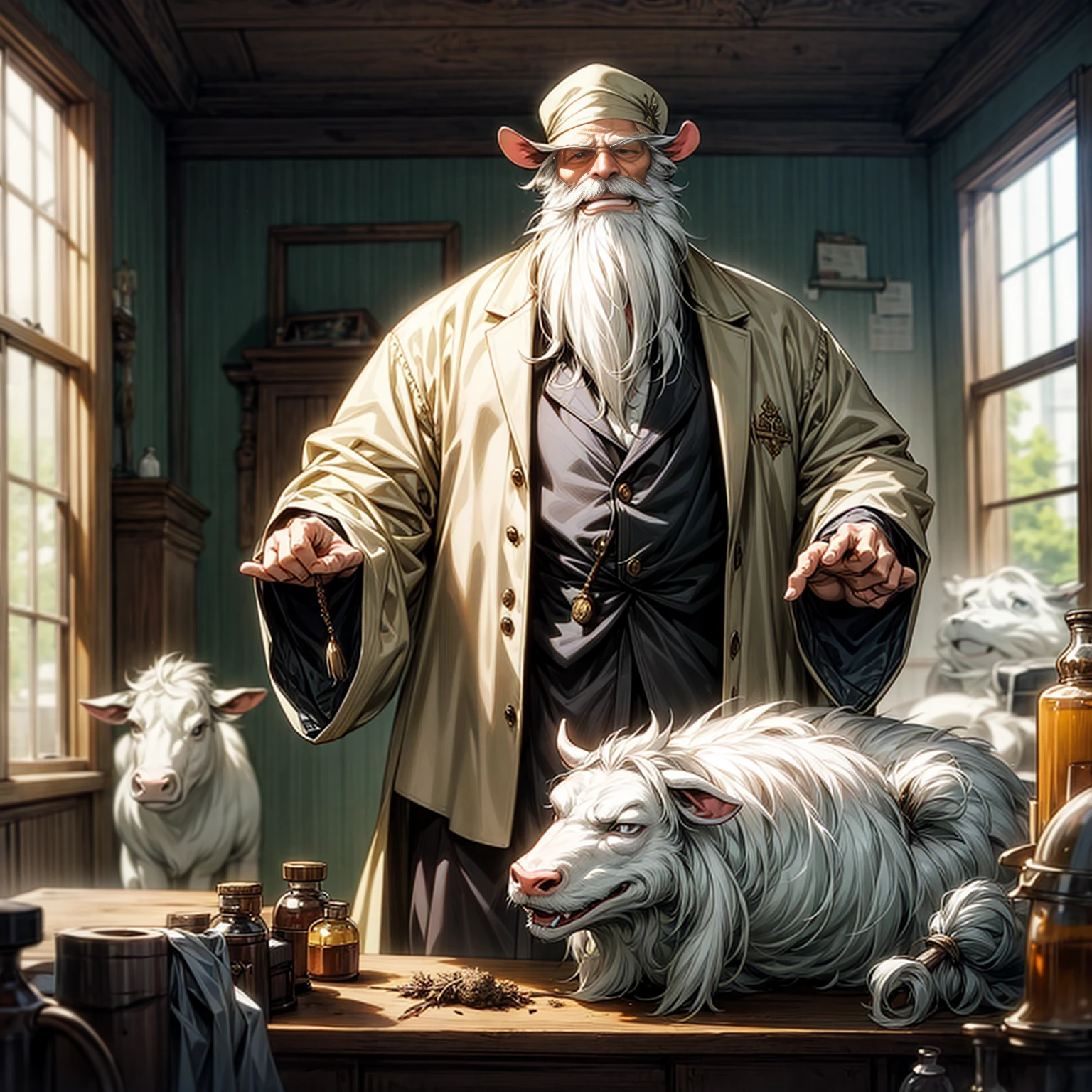 Grassroots, old Professor white beard with cow, background indoor room laboratory, (one piece style art), full body version cow