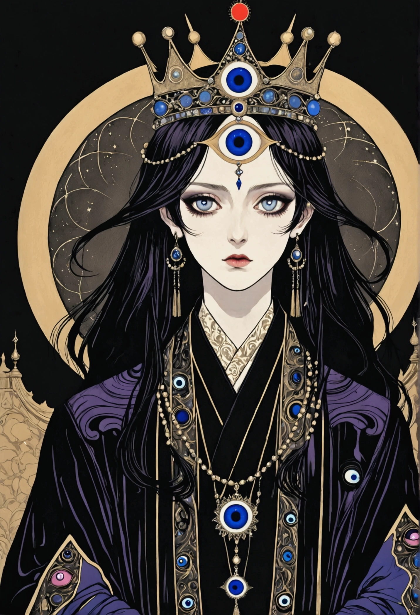 (((Harry Clark (Harry Clarke) style,圣地亚哥·卡鲁索style))),(((Third Eye Vision。Black crown-eyes，Dark eyeshadow，robe)))，Wide Angle，Black and blue，Solid color background