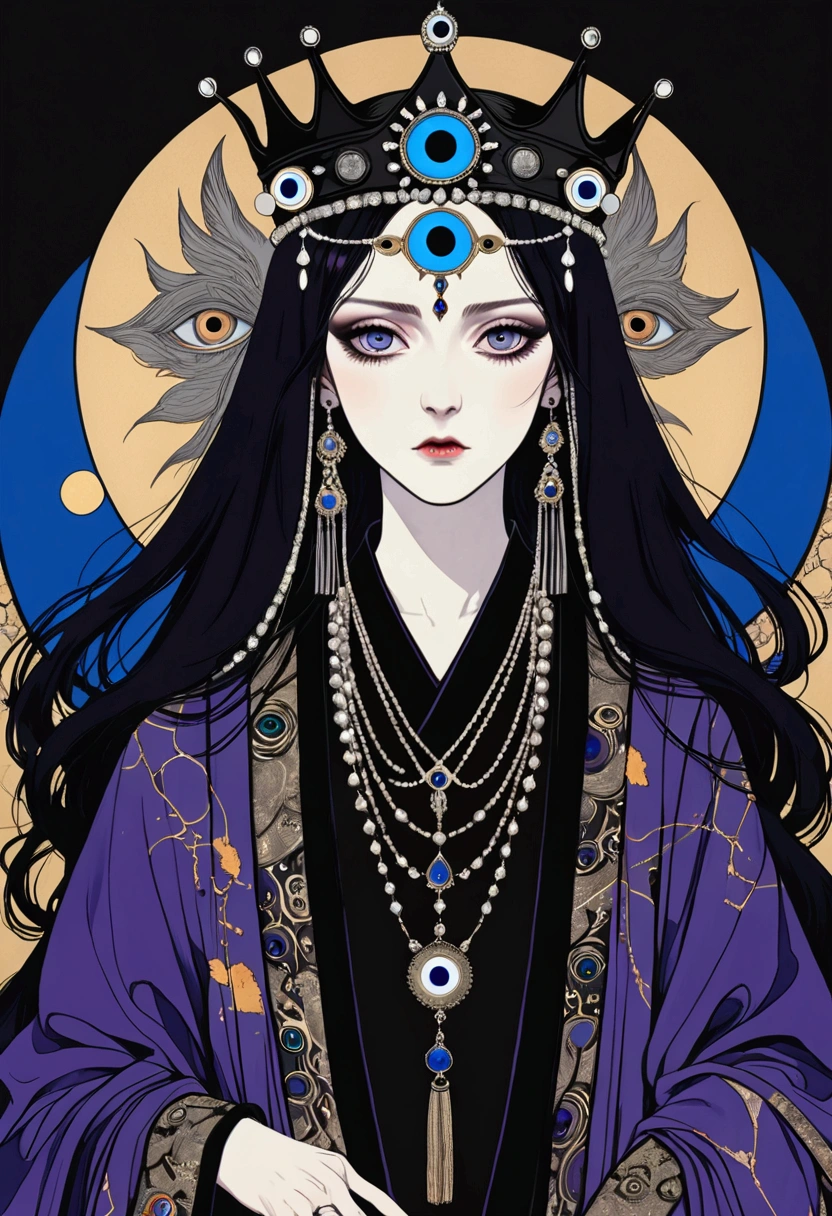 (((Harry Clark (Harry Clarke) style,圣地亚哥·卡鲁索style))),(((Third Eye Vision。Black crown-eyes,Dark eyeshadow,robe))),Wide Angle,Black and blue,Solid color background