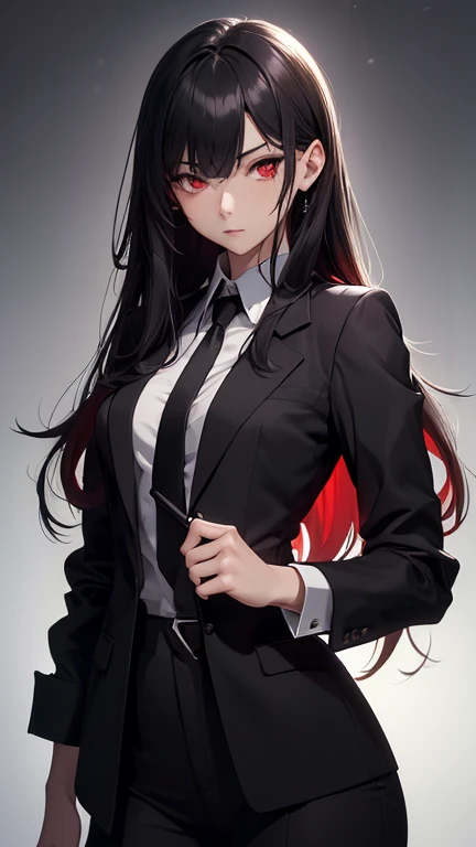 Highest quality, Soft Light, Ultra-high resolution,young woman, alone, sexy, (Grim face), (Red eyes), Beautiful face in every detail,(High resolution detail of human skin texture), (Black irregular long hair), Dress shirt,Suit pants,Mercenary-like woman,He has a gun in his hand