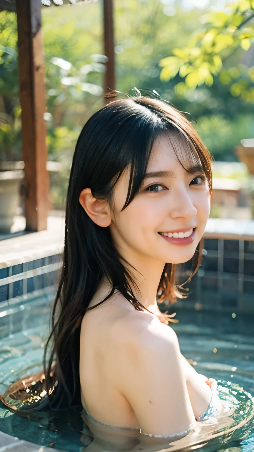 (8k、RAW Photos、Highest quality、masterpiece:1.2)、((naked、smile、No clothes:1.5))、((Wet body、Ass、back、Very flat chest、Skinny body))、(Realistic、Realistic)、1 girl、((relaxing after a hot bath、Back view、hot spring、bamboo forest))、cute