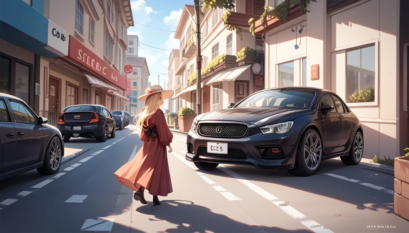 White,Blonde,semi-long,hat,black  long dress ,Residential Street,Walking,A black car is coming up behind me,Car door opens