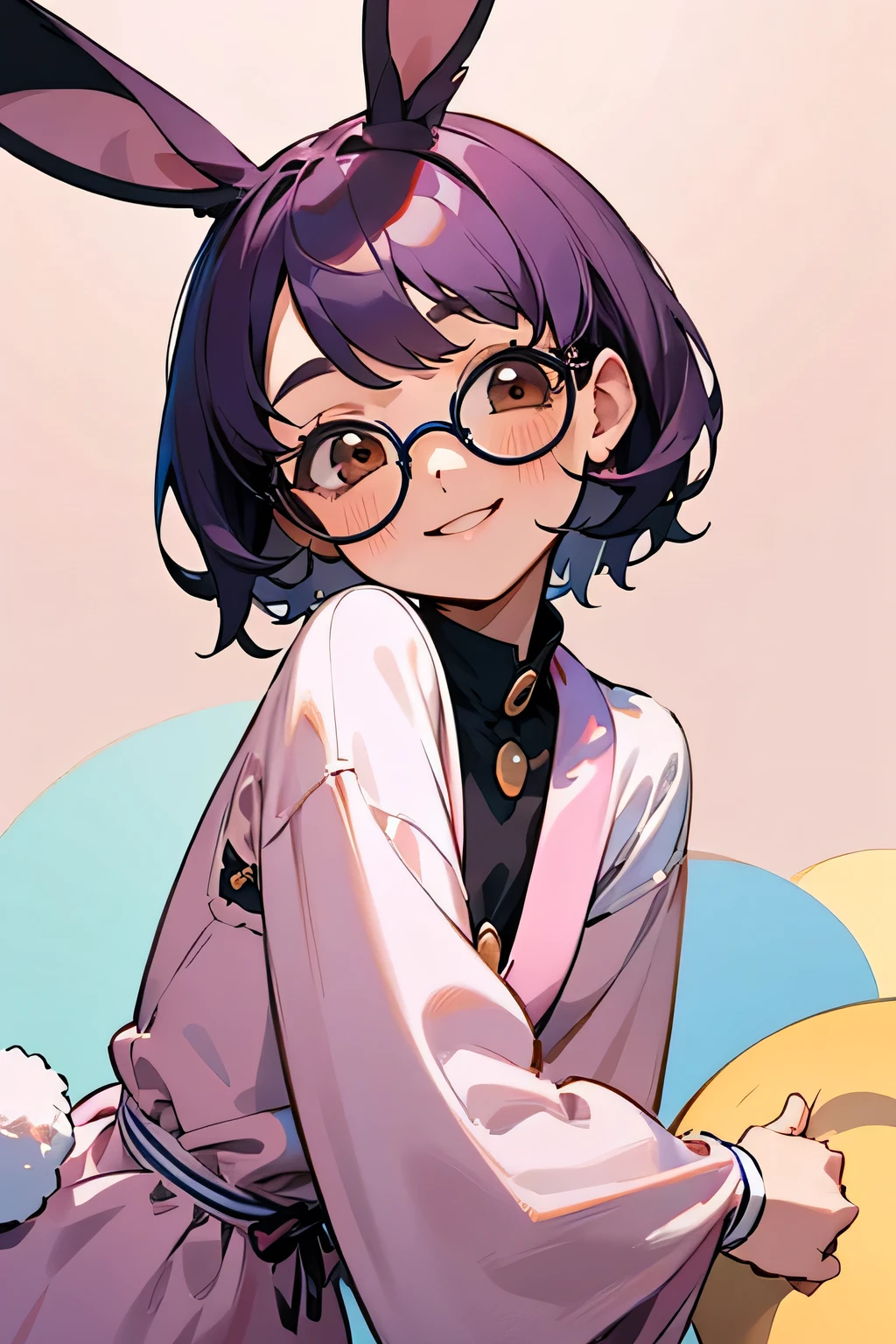 ((best quality)), ((masterpiece)), (detailed), one girl  1girl, dark purble hair, brown eyes, short hair, round glasses, cute, happy smile, pastel clothes, cute girl, bunny ear, bright background