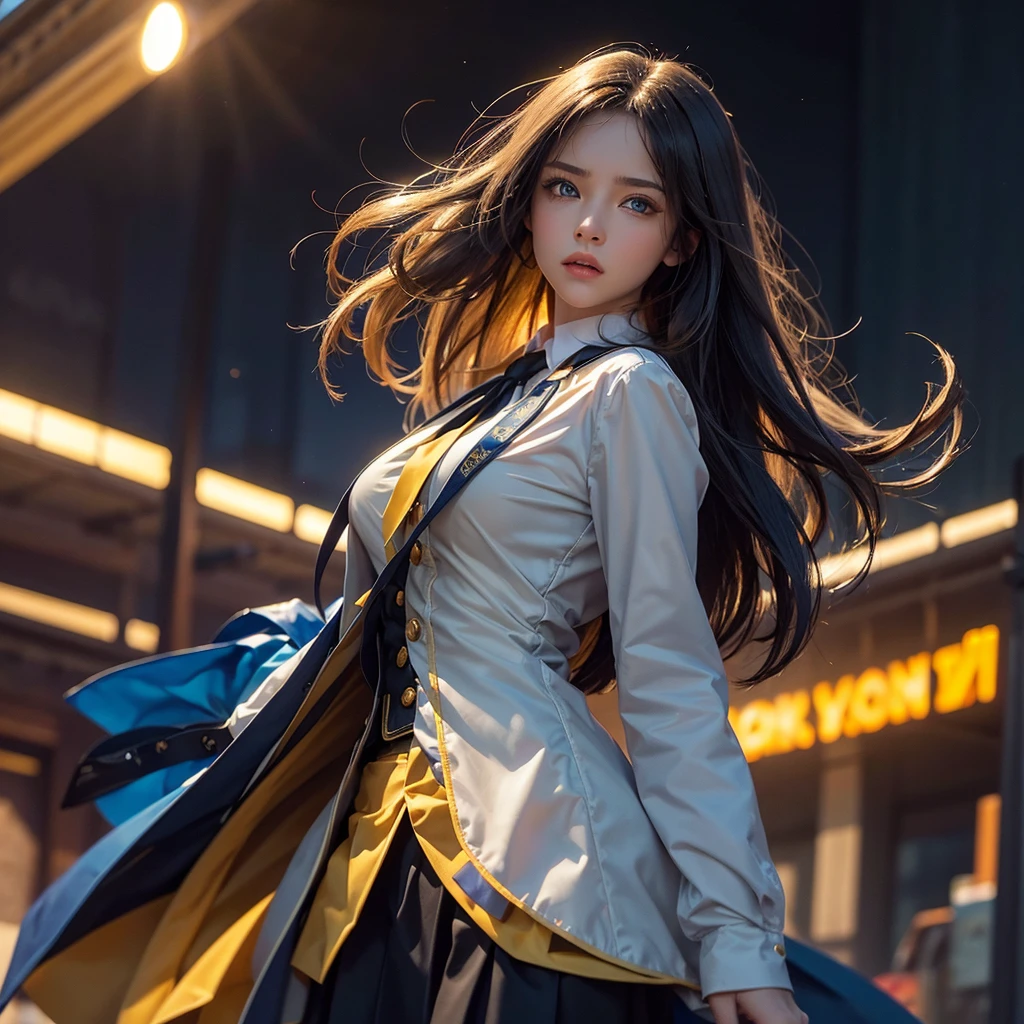 1 girl, complex part, masterpiece, Best quality, extremely detailed,cinematic lighting, beautiful detailed glow, finely detailed beautiful face and eyes, 8 K, dark intense shadows, blue bright eyes, medium hair, golden yellow hair, bang, floating hair, Black jacket, open jacket, White shirt, inexpressive, Yellow tie, black skirt, searchlight, sunlight, sunrise, gradient sky, city, lens flare, cowboy shot, [[lush]], [mature woman]