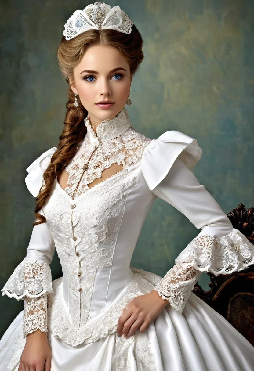 There is a beautiful woman, blue eyed blonde, (in a white dress), (Victoria style suit), 1 8 7 0 s Seasonal clothing, Victorian Clothes, victory, victorian dress, 1 8 8 0 s style, in victorian aristocrat, usando Victorian Clothes, intricate victorian dress, victorian inspired clothing, com Victorian Clothes, wearing clothes from the 1860s