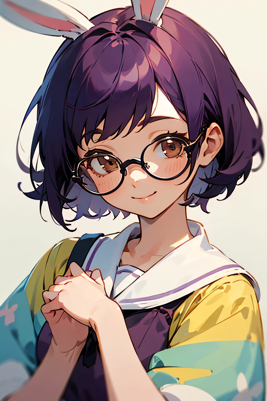 ((best quality)), ((masterpiece)), (detailed), one girl 1girl, dark purple hair, brown eyes, short hair, round glasses, cute, happy smile, pastel clothes, cute girl, white bunny ear, bright background