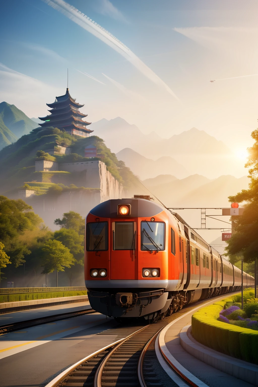 In the heart of China, a breathtaking photograph captures the beauty of the High Speed Rail Line Draft. The image, taken with brilliant precision and detail, showcases the sleek curves and gleaming metal of the futuristic train. The sun casts a golden glow on the tracks, creating a scene of unparalleled elegance and sophistication. The train, a symbol of China's technological advancement, appears poised for its next journey, its doors wide open to the world. The background is a blur of greenery and buildings, highlighting the train's powerful presence. This gigantic image, capturing the essence of China's technological prowess, is a masterpiece in high-