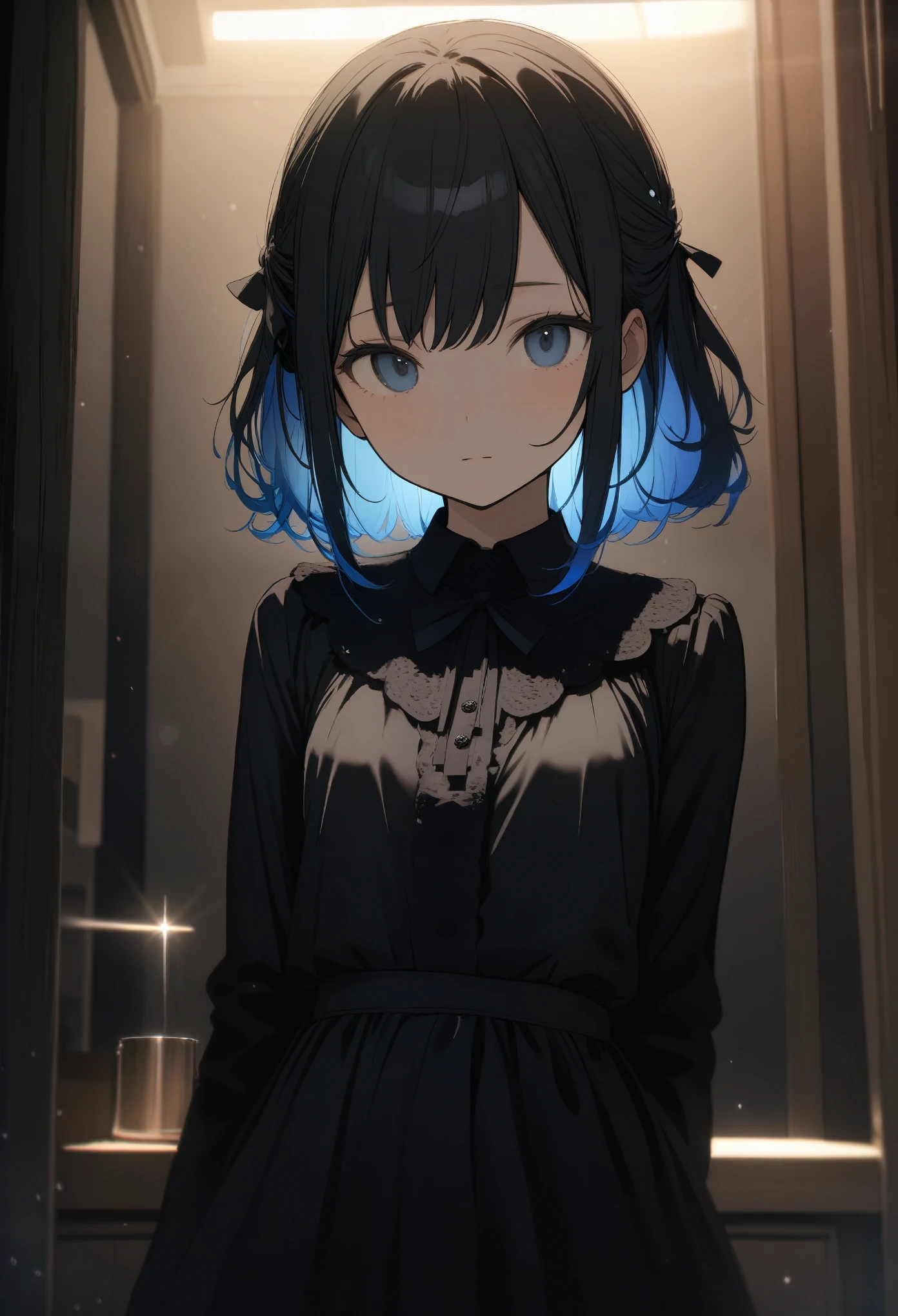 One 14-year-old girl, ((Light black clothing))、(Inner color hairstyle), Beautiful Hair, Facial Contour, Remember, Hotel, moonlight、splash, Lens flare,, Natural Color, High resolution, Very delicate, Very detailed, 8k,（There is swelling of the breasts、About B cup）、Shyness,((Sexual))