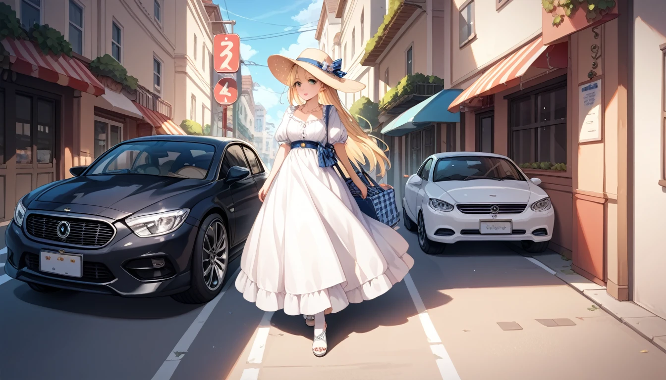 White,Blonde,semi-long,hat,Blue and white long dress ,Residential Street,Walking,A black car is coming up behind me