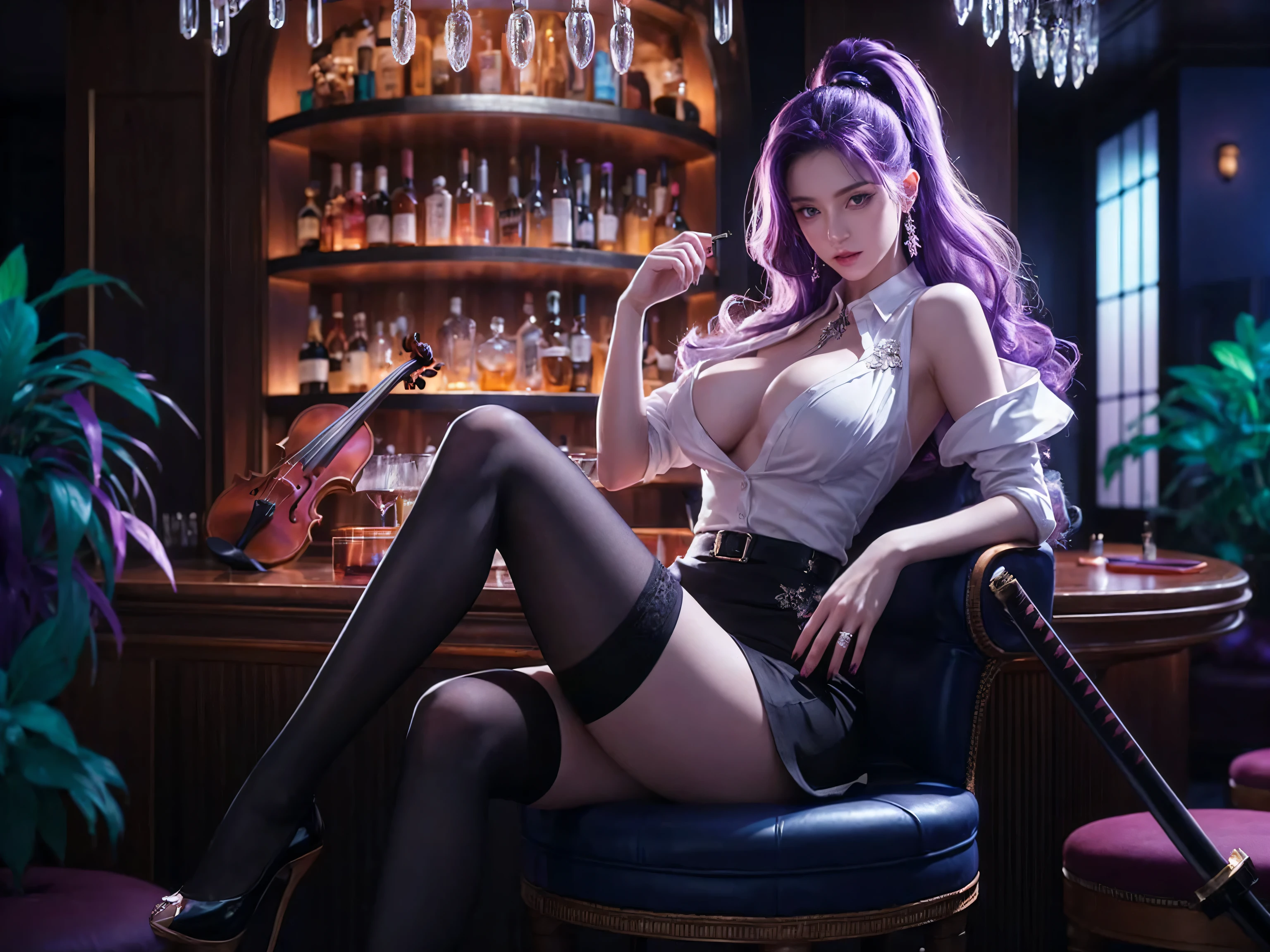 create a realistic, In this captivating image, a confident and alluring woman with striking purple hair and violet eyes sits in a luxurious, dimly-lit bar. She is attired in a white blouse, black skirt, and black thigh-high stockings. Her elegance is accentuated by the exquisite setting, which features a well-stocked bar with an array of bottles and vibrant plants. The atmosphere is further enhanced by the presence of a violin and a katana, evoking a sophisticated yet mysterious ambiance. The soft, ambient light highlights the rich colors and intricate details of both the woman and her surroundings, creating a truly captivating scene.