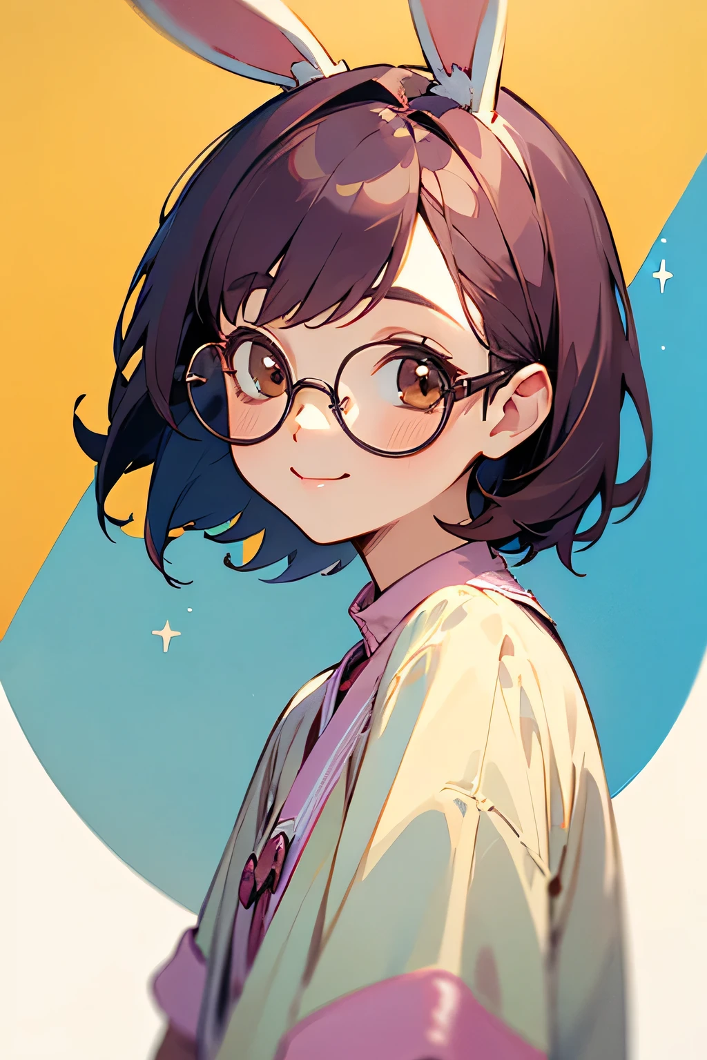 ((best quality)), ((masterpiece)), (detailed), one girl 1girl, dark purble hair, brown eyes, short hair, round glasses, cute, happy smile, pastel clothes, cute girl, bunny ear