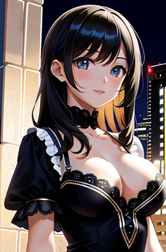 (masterpiece), Highest quality, High resolution, Very detailed, Detailed Background, Cinema Lighting, Outdoor, One girl, Medium Hair, Black Hair, Large Breasts, long hair