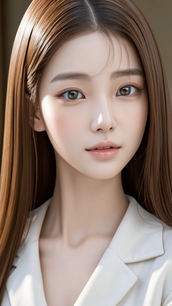 a young adult girl with Korean features,Their eyes are almond-shaped and expressive, with honey-colored irises. She has flawless skin and a captivating, long, straight dark brown hair,she is a scientist, She's in a laboratory, a white coat , Realist