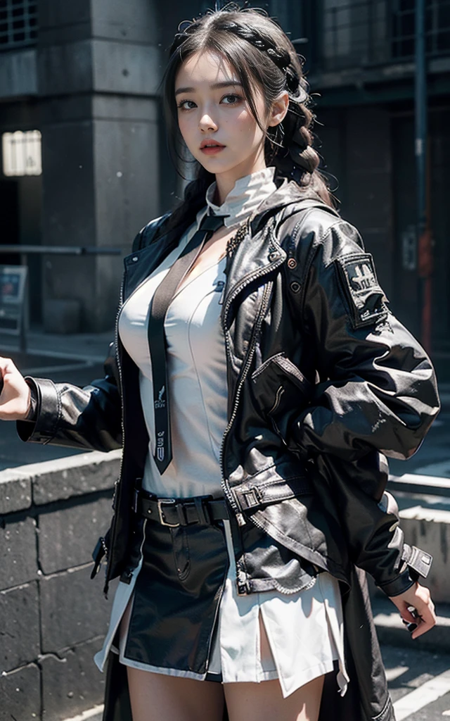 Ultra-high resolution，High-resolution details，((best quality)), ((masterpiece)), (detailed:1.4), 3d, Beautiful cyberpunk black woman with braids on her head,HDR (High Dynamic Range),Ray Tracing,nvidia RTX,Super Resolution,Unreal 5,Subsurface scattering,PBR Textures,Post-Processing,Anisotropic filtering,Depth of Field,Maximum clarity and sharpness,Multi-layered textures,Albedo and Specular Maps,Surface Shading,Accurate simulation of the interaction between light and material,Perfect proportion,Octane Rendering,Two-color lighting,Large aperture,Low ISO,White Balance,Rule of Thirds,8K Native, Wearing black and white、Anime style woman holding hand, Businesswoman girl,