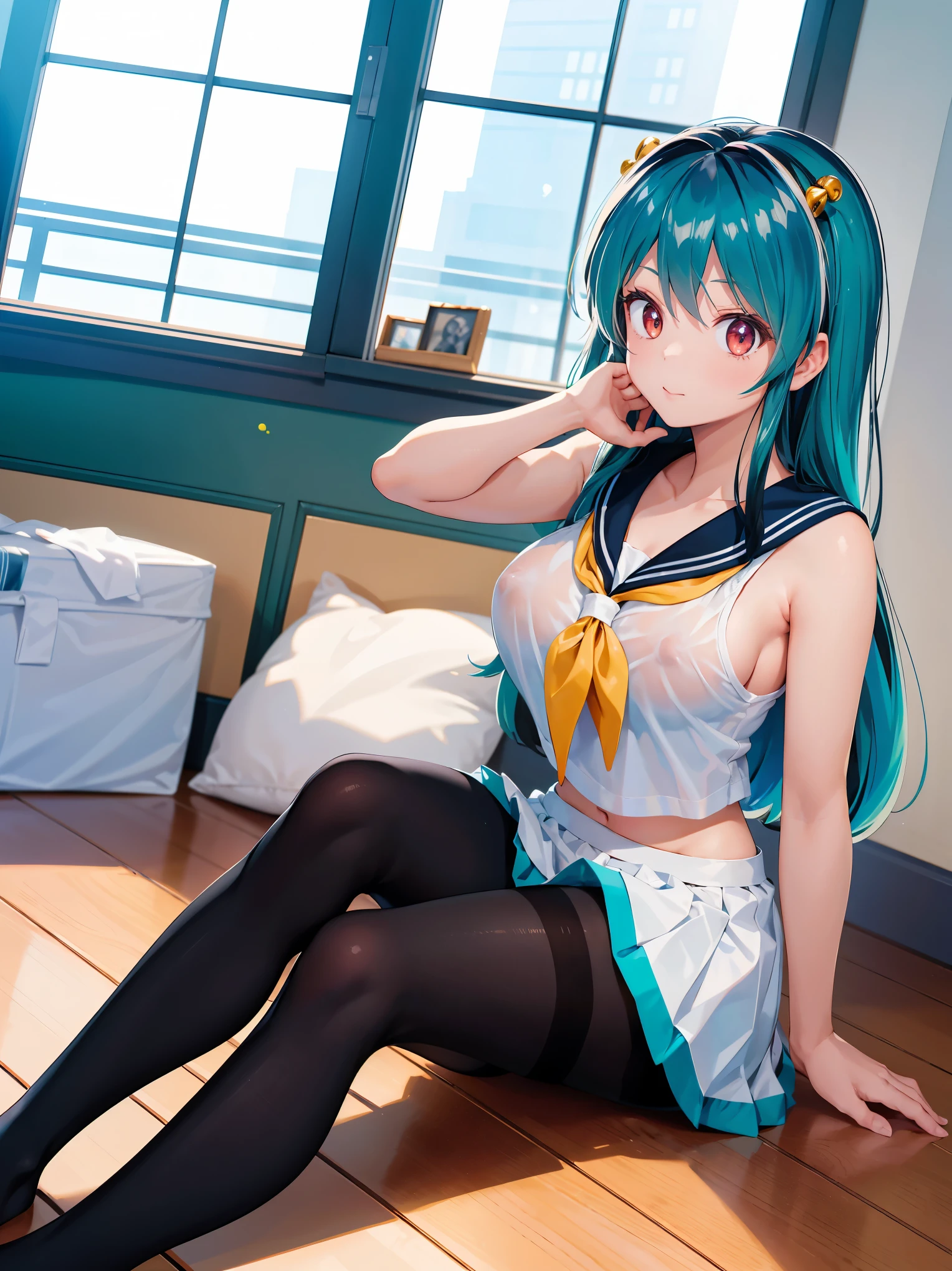 (1 Girl:1.2),(high quality), (High resolution), (Very detailed), (8k),(Demolition paperback correct)、Urusei Yatsura、Ram-chan、Sexy Lingerie、Wearing a sailor uniform、((Focus on the whole body))、Nipple Shape、((Black Pantyhose))、Hair messed up by strong wind、Neutral White Lighting,Sexy pose、Sitting on the floor