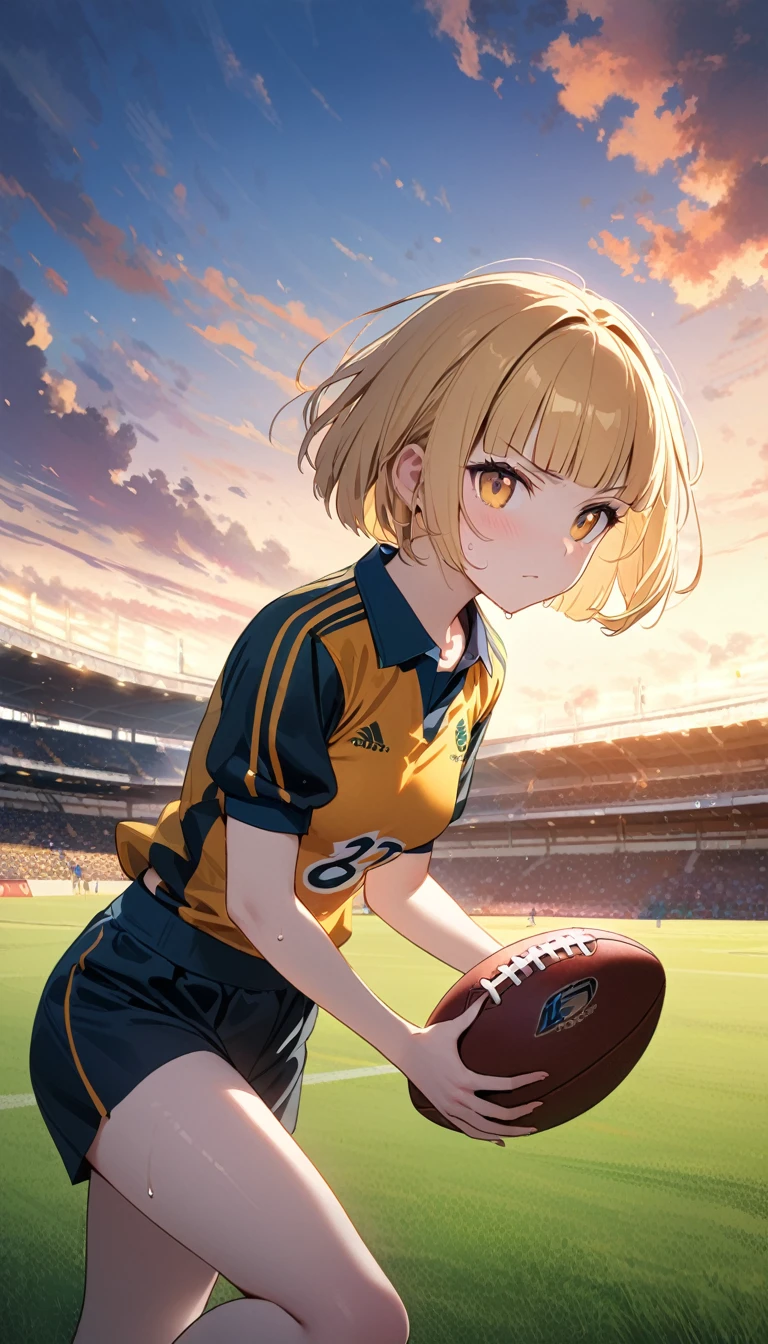 (1 girl),(Best Picture Quality, 8K, Masterpiece:1.3), (Middle school students:1.5), ((yellow beige lob hair:1.1)), (bob cut),(blunt bangs:1.3), (cute eyes, pupil black, iris orange, youthful face),(standard weight), (small breasts), (glistening skin:1.2),(pale skin:1.2),(serious:1.3),(rugby:1.3) ,(rugby field), (rugby goal), (American football uniform), (have rugby ball:1.1), (wear Armor),(sweat:1.1),(magnificent view)
