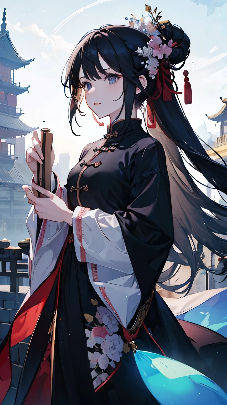 1 Girl,Chinese Clothing,Costume,Cold,Beautiful,Black Chinese long skirt,Medical woman,Fair skin